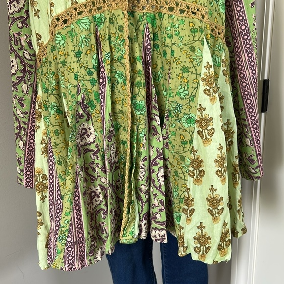 Free People Hazy Baby Printed Mini Dress Green Tunic Top Shacket Kimono Sz L NEW - Picture 4 of 12
